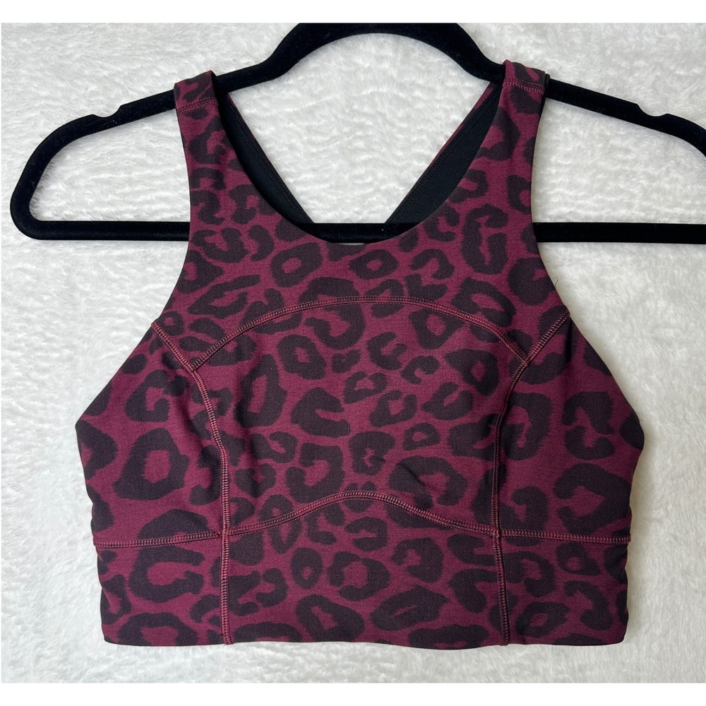Lululemon Energy Bra High Neck Longline Women 6 Burgundy Leopard Terra Cosmos